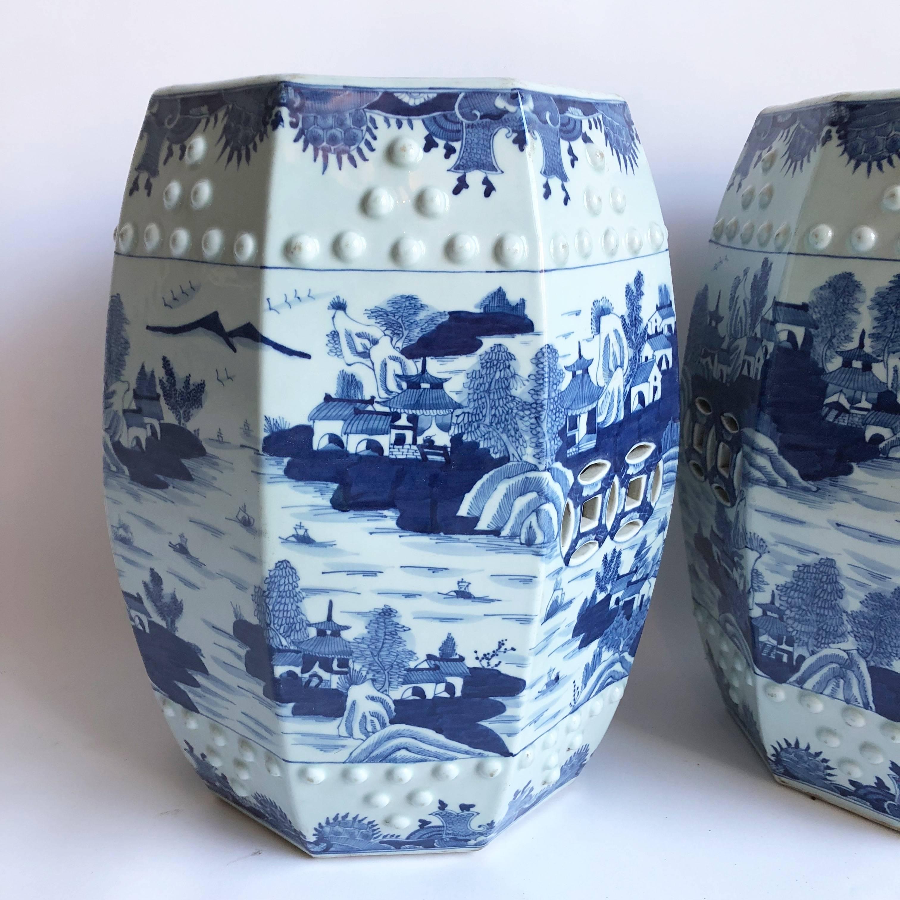 Pair of Chinese Blue and White Octagonal Garden Stools 1