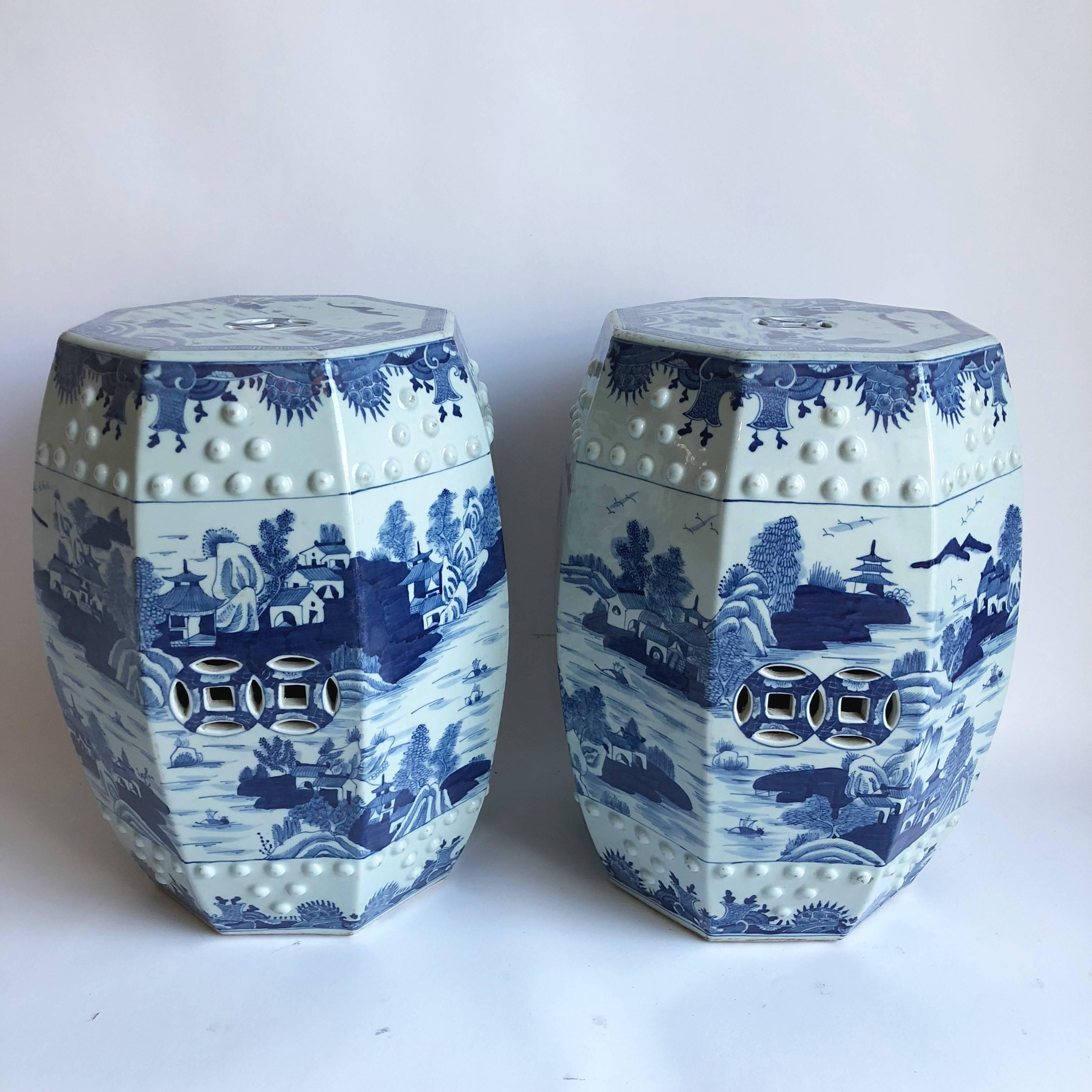 Pair of Chinese Blue and White Octagonal Garden Stools 2