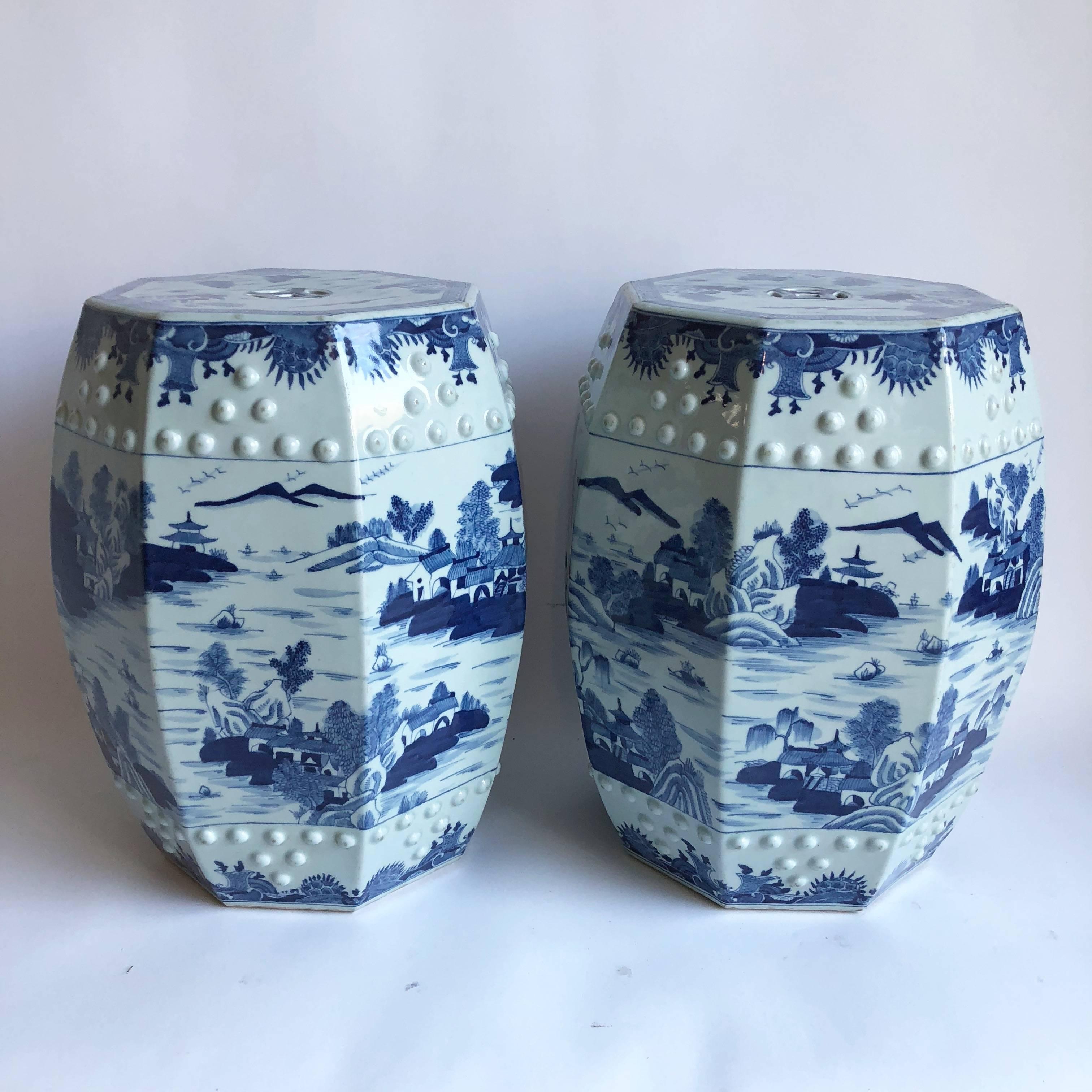 Pair of Chinese Blue and White Octagonal Garden Stools 3