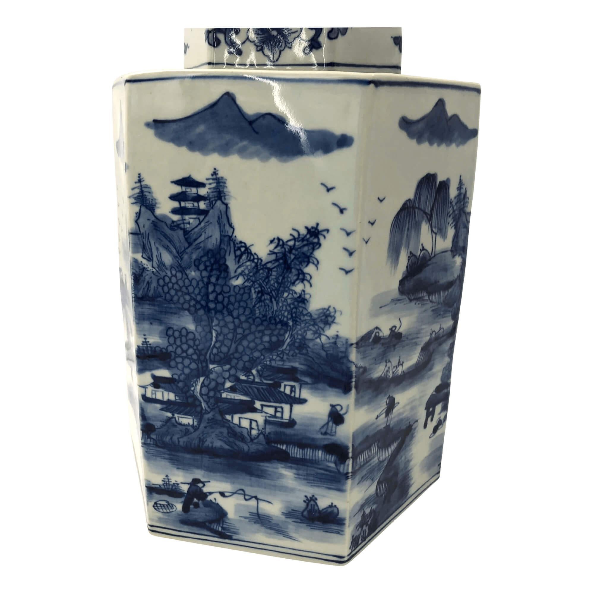 Chinese blue and white hand-painted ceramic octagonal tea canisters with lids.

Dimensions: 8.75