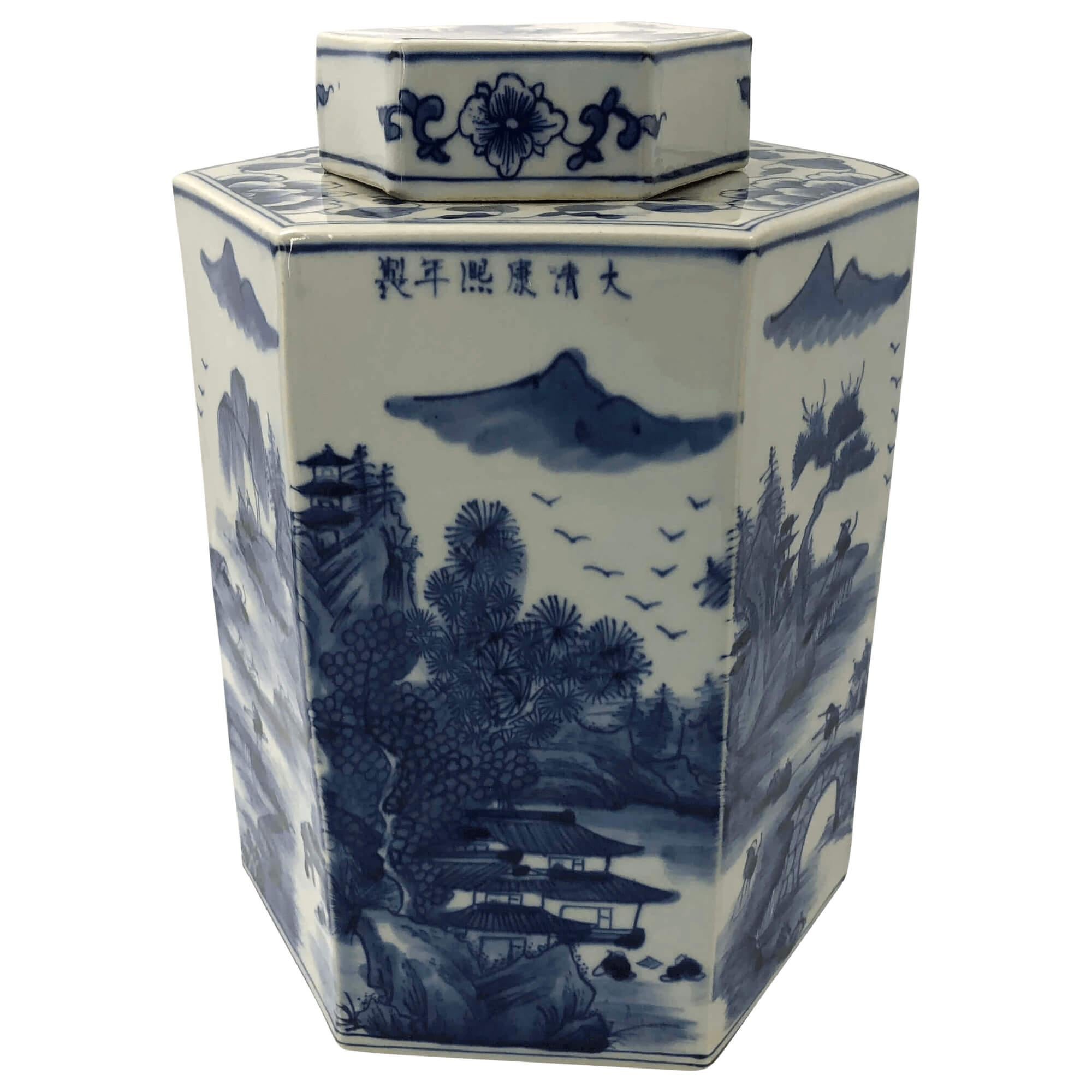 Chinese Export Pair of Chinese Blue and White Octagonal Tea Canisters