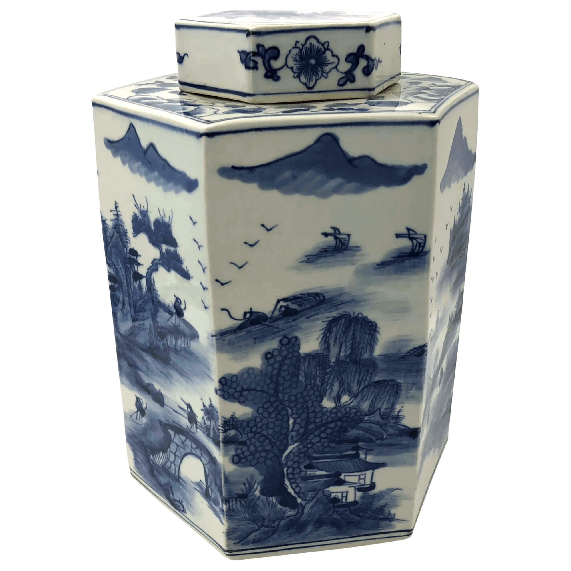 20th Century Pair of Chinese Blue and White Octagonal Tea Canisters