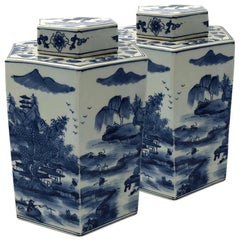 Vintage Pair of Chinese Blue and White Octagonal Tea Canisters