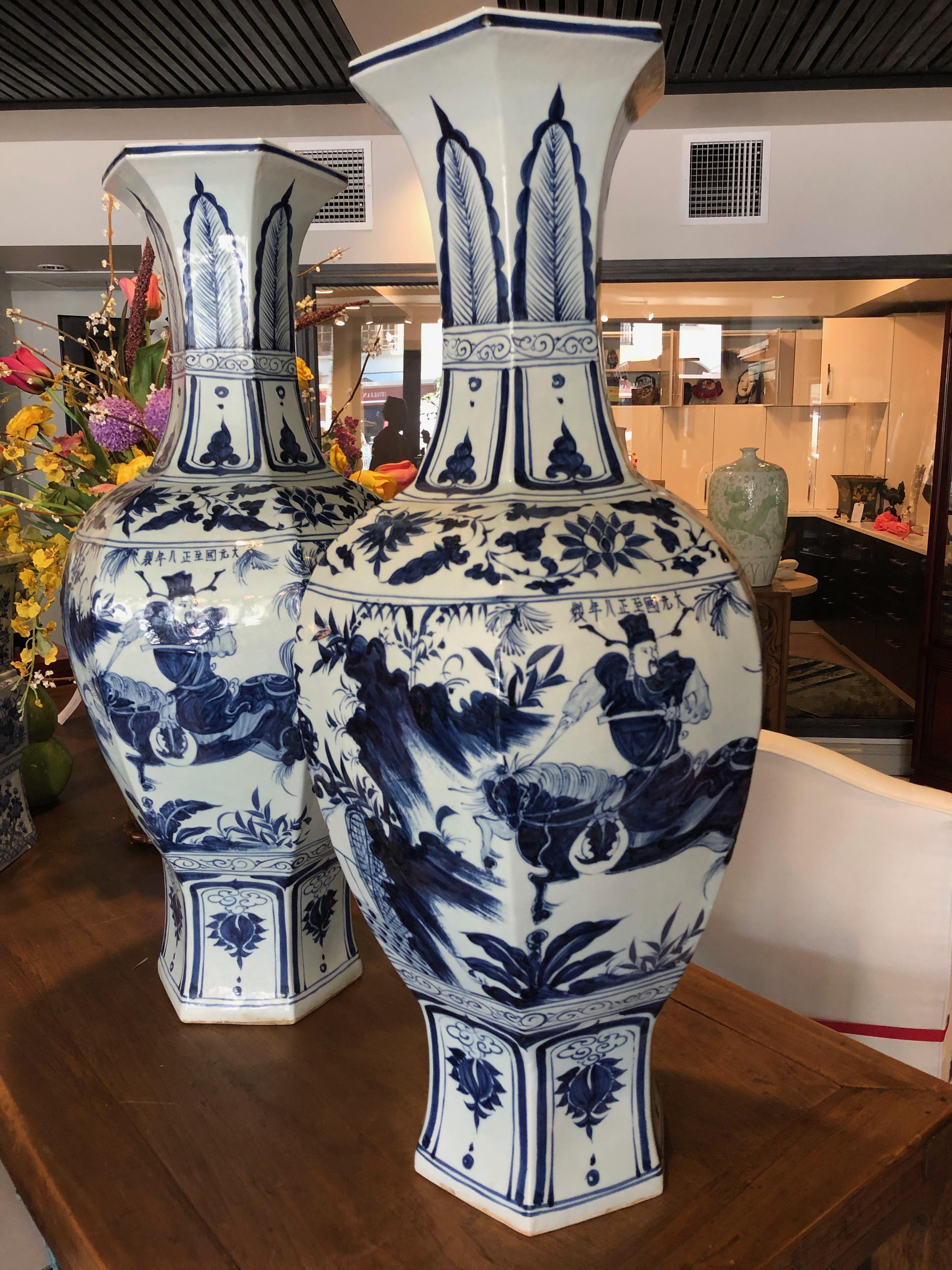 This pair of blue and white palace vases are hand painted design of woman on boat, man with horse, etc. Painted as a tribute to the emperor Yuen dynasty the eight year. Six sided,
circa fourth quarter of 20th century, circa 1910.


  