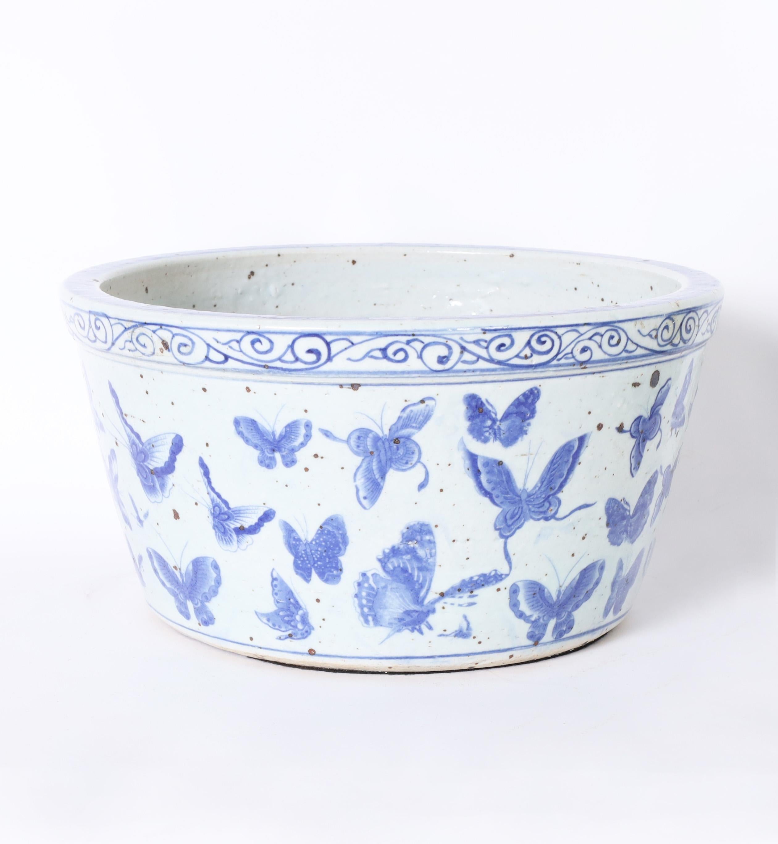 Chinese Export Pair of Chinese Blue and White Porcelain Bowls or Planters For Sale