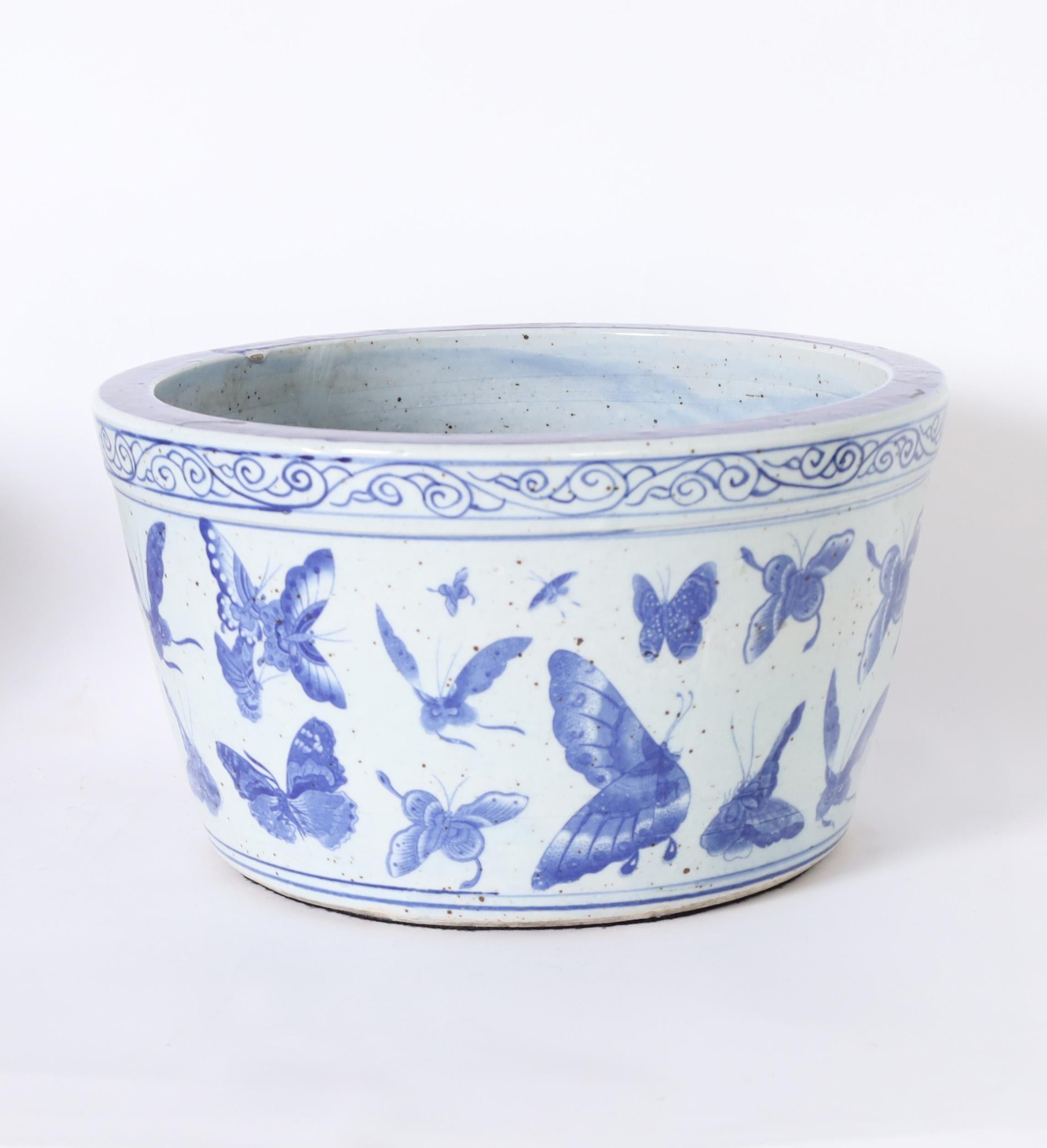 Glazed Pair of Chinese Blue and White Porcelain Bowls or Planters For Sale