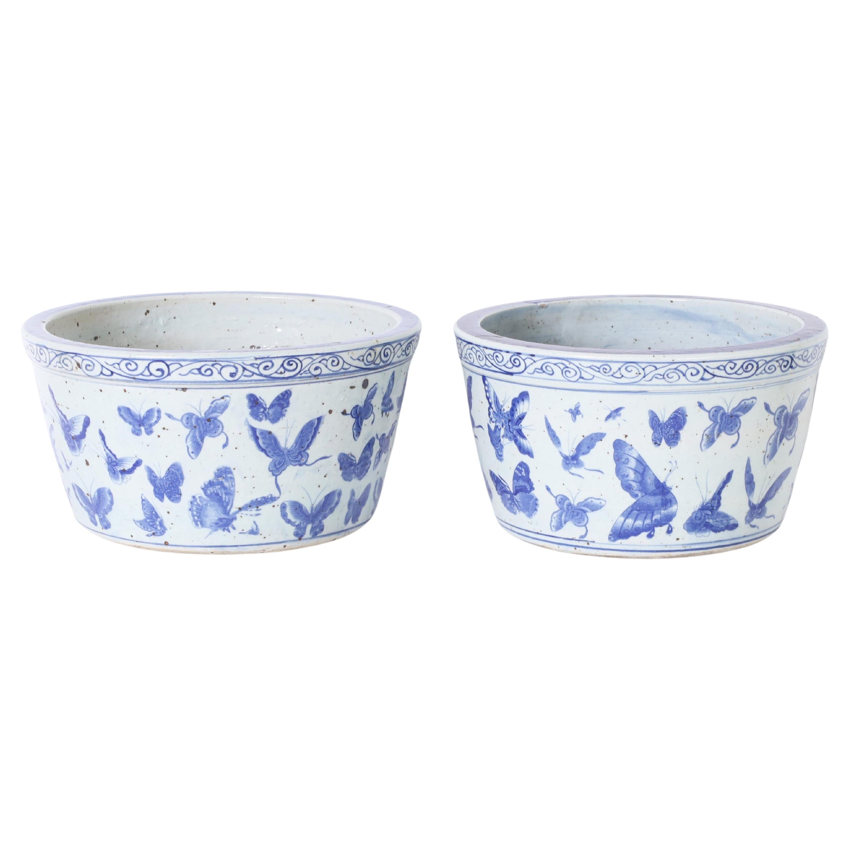 Pair of Chinese Blue and White Porcelain Bowls or Planters