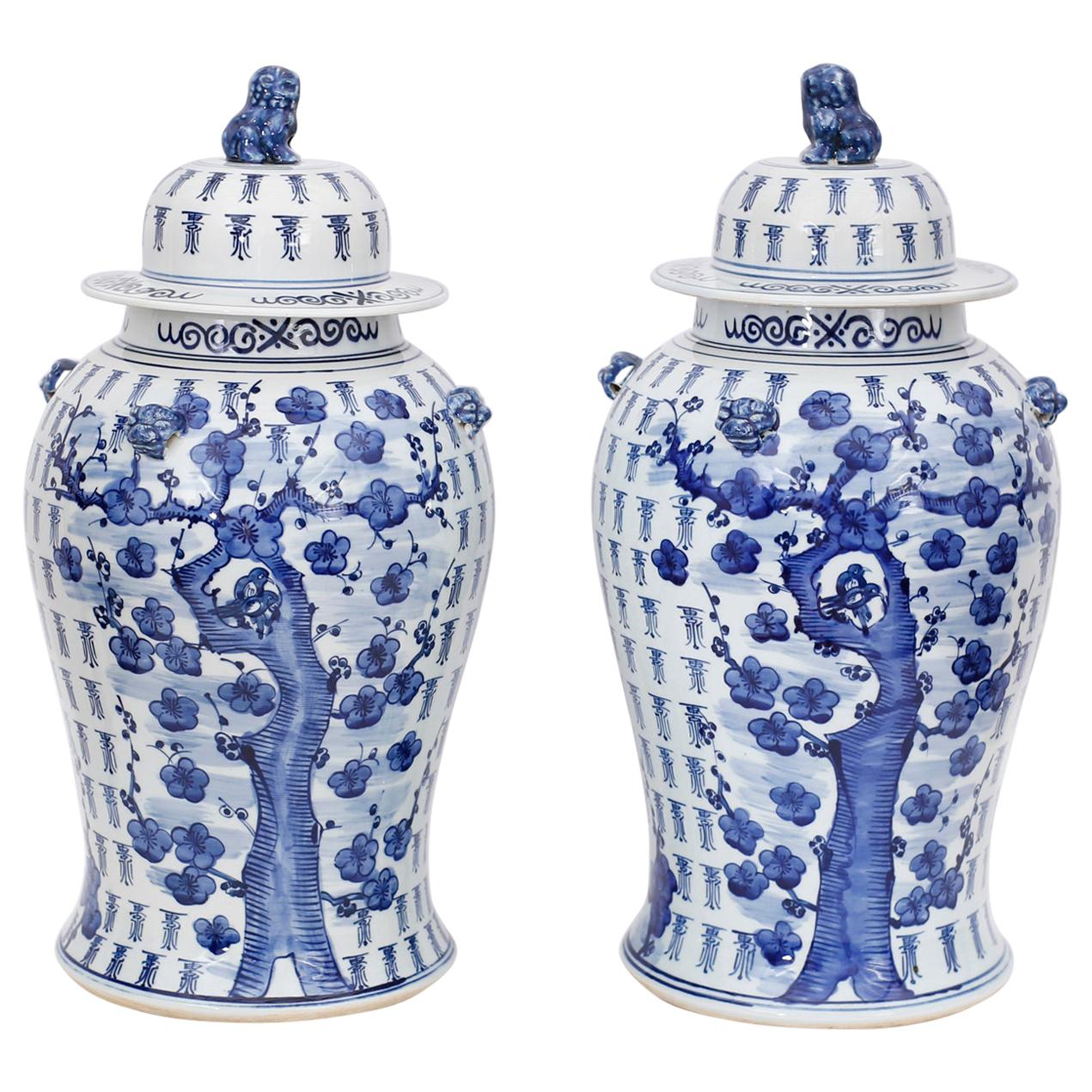 Pair of Chinese Blue and White Porcelain Cherry Blossom Lidded Jars