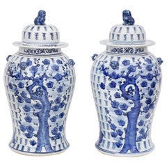 Pair of Chinese Blue and White Porcelain Cherry Blossom Lidded Jars