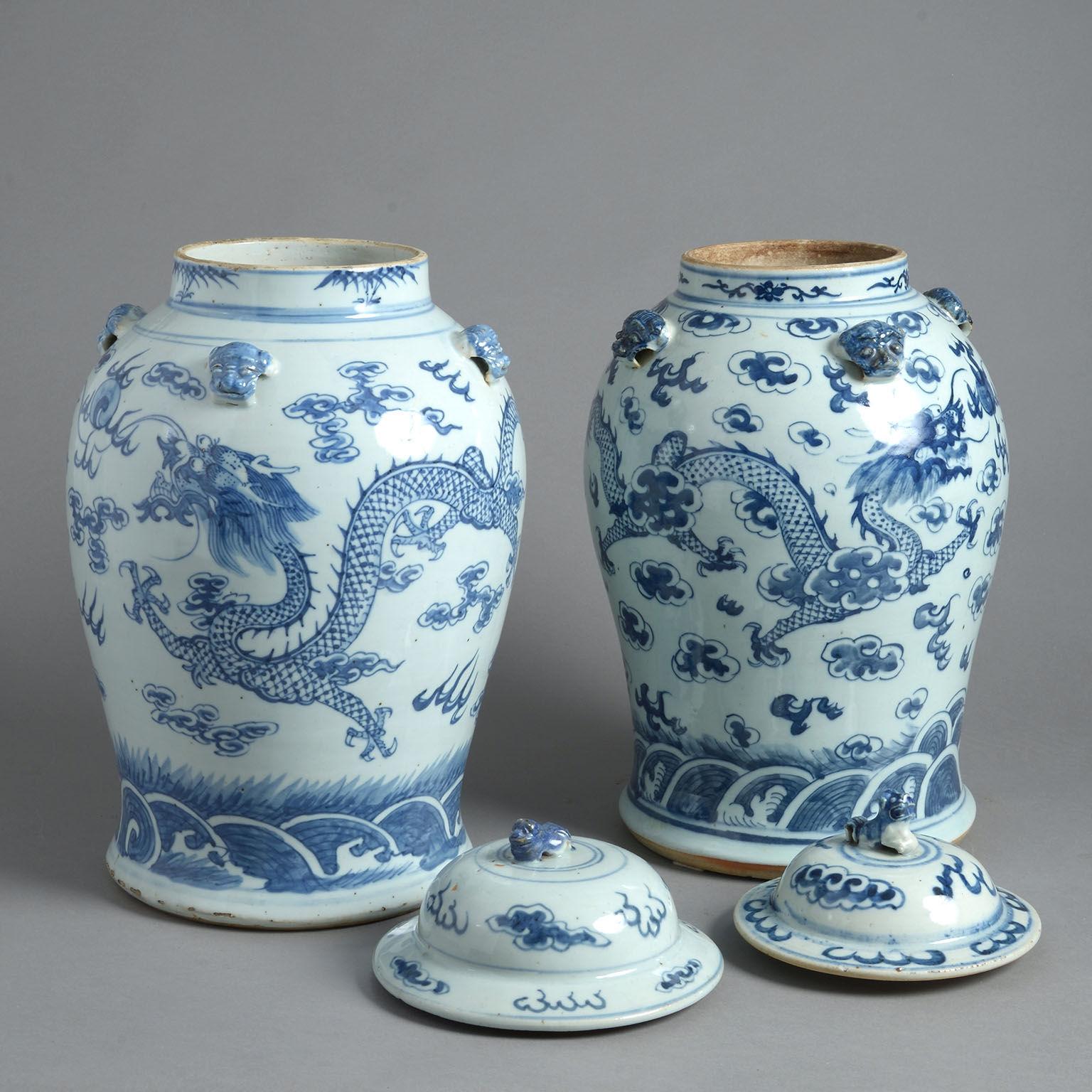 Pair of Chinese Blue and White Porcelain Covered Jars or 