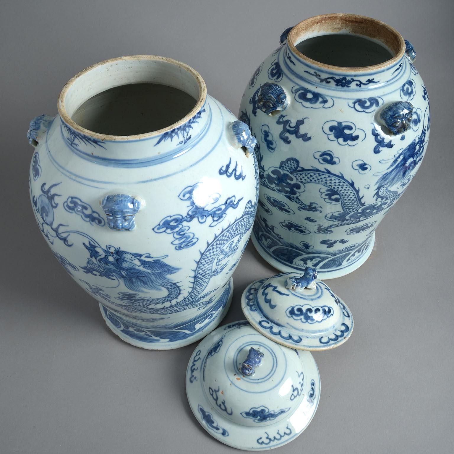 Late 19th Century Pair of Chinese Blue and White Porcelain Covered Jars or 