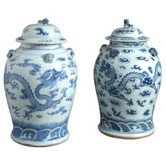 Pair of Chinese Blue and White Porcelain Covered Jars or "Temple Jars"