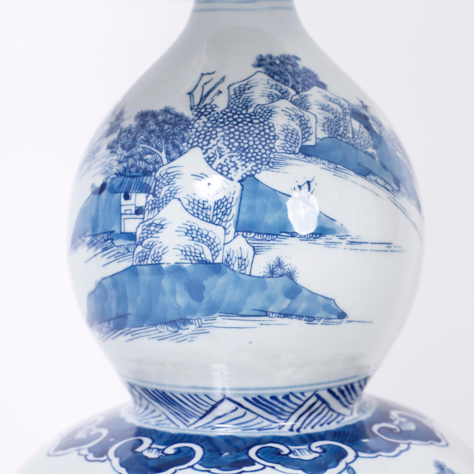 Hand-Painted Pair of Chinese Blue and White Porcelain Double Gourd Table Lamps