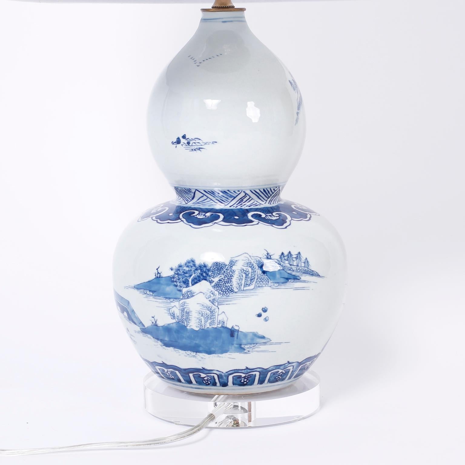 Pair of Chinese Blue and White Porcelain Double Gourd Table Lamps 1