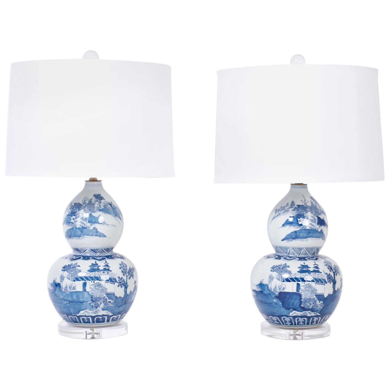 Pair of Chinese Blue and White Porcelain Double Gourd Table Lamps