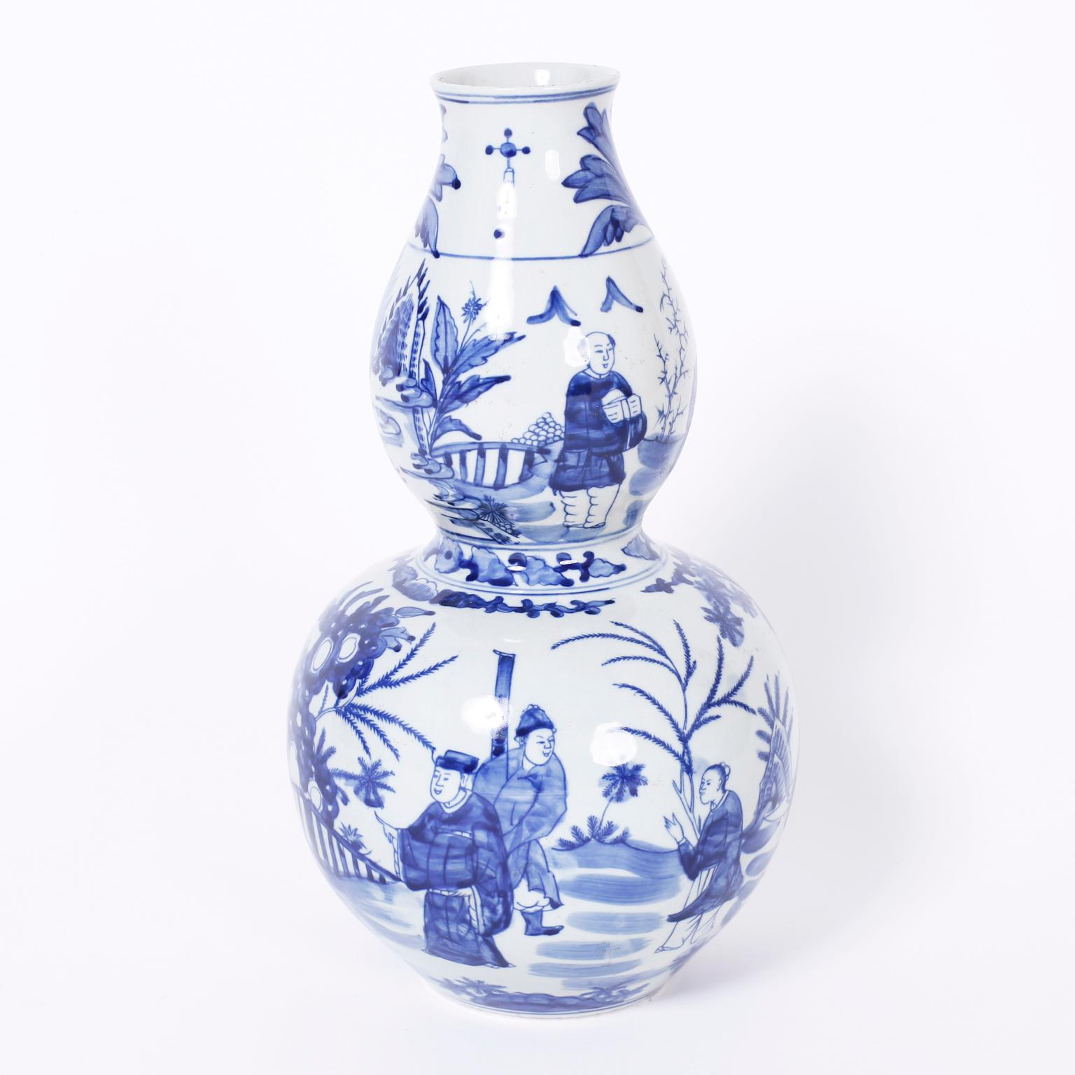 Chinese Export Pair of Chinese Blue and White Porcelain Double Gourd Vases