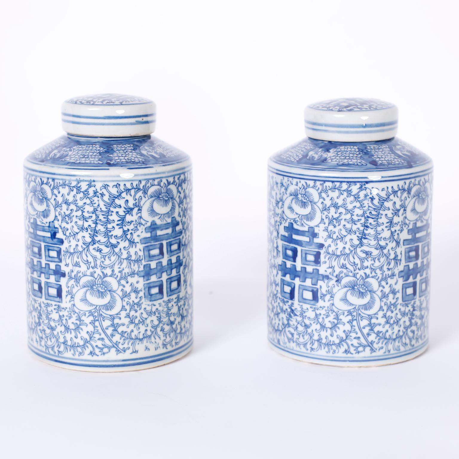 Pair Of Chinese Blue And White Porcelain Double Happiness Jars For