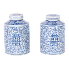 Pair of Chinese Blue and White Porcelain Double Happiness Jars