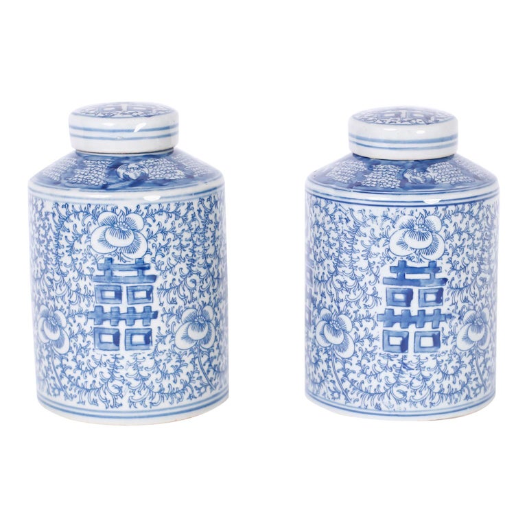 Pair of Chinese Blue and White Porcelain Double Happiness Jars at 1stDibs