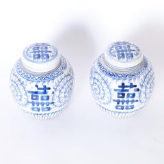 Pair of Chinese Blue and White Porcelain Double Happiness Tea Caddies