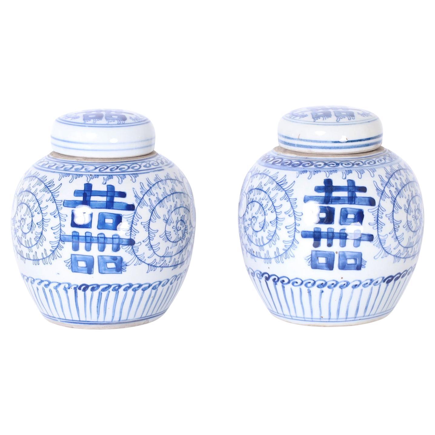 Paire de boîtes à thé chinoises à double bonheur en porcelaine bleue et blanche