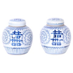 Pair of Chinese Blue and White Porcelain Double Happiness Tea Caddies