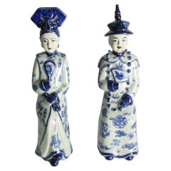 Pair of Chinese Blue and White Porcelain Emperor & Empress Figurines, Set of 2