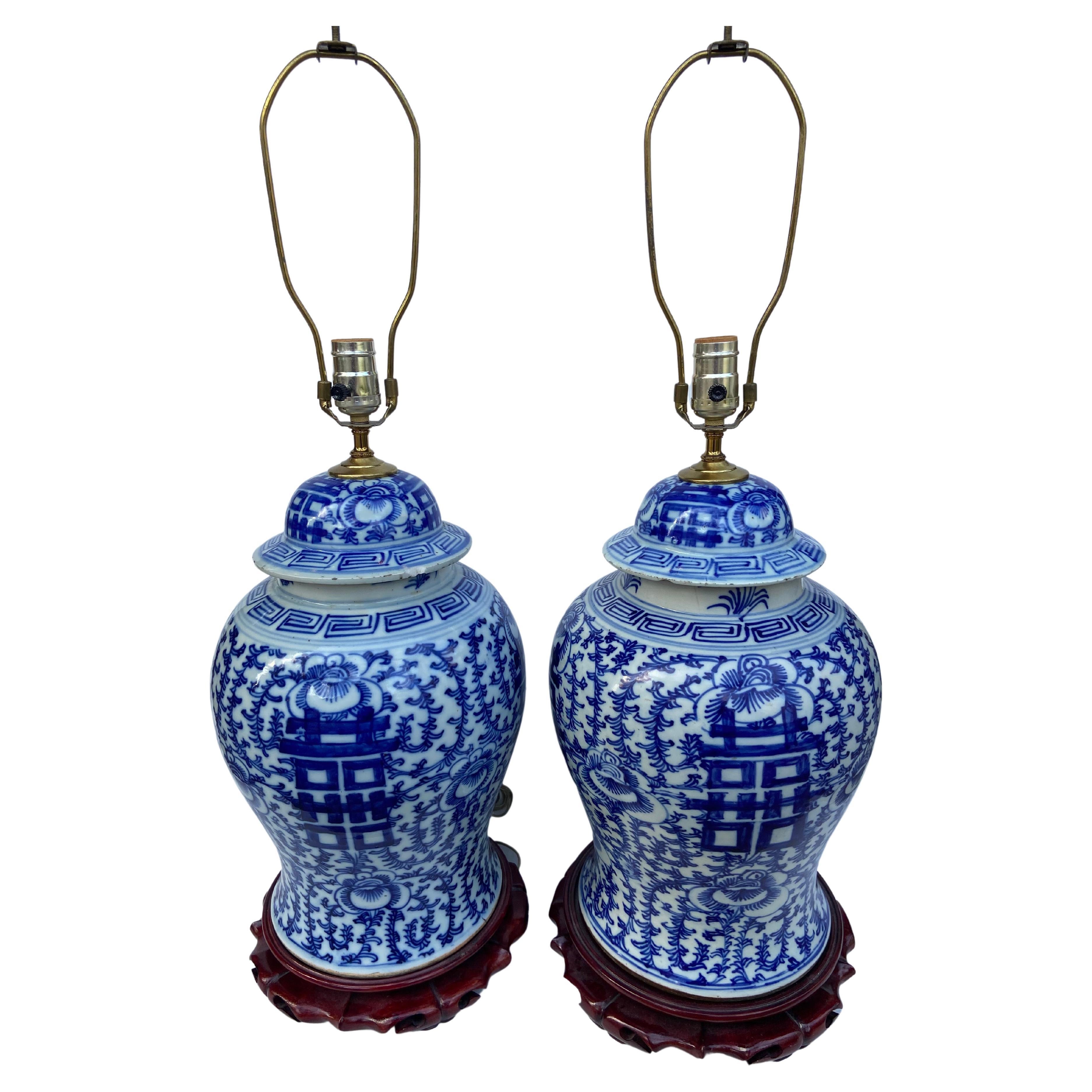 Pair of Chinese Blue and White Porcelain Ginger Jar Lamps