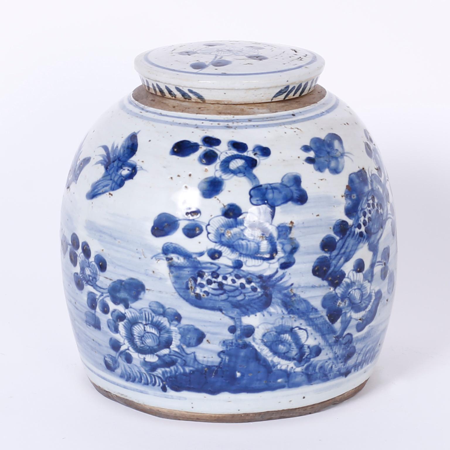 Chinese Export Pair of Chinese Blue and White Porcelain Ginger Jars