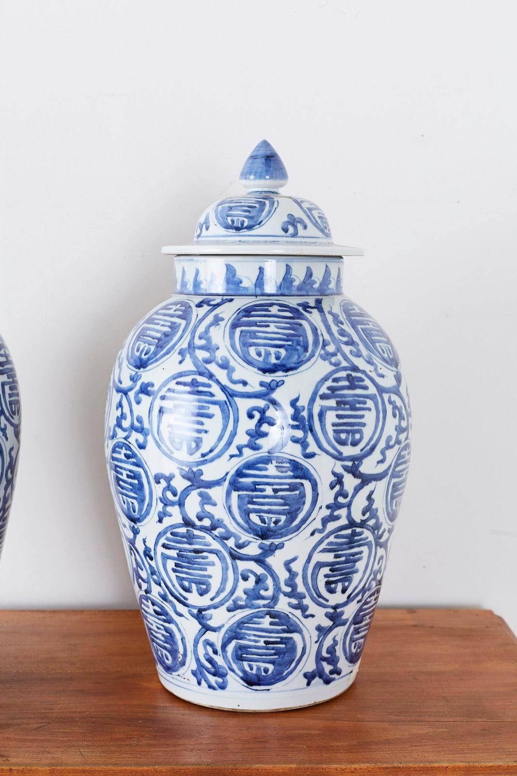 Hand-Crafted Pair of Chinese Blue and White Porcelain Ginger Jars