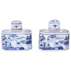 Pair of Chinese Blue and White Porcelain Hexagon Jars or Bottles