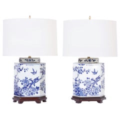 Pair of Chinese Blue and White Porcelain Hexagon Table Lamps