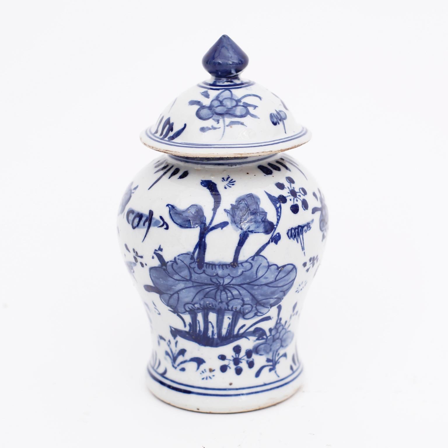 Hand-Painted Pair of Chinese Blue and White Porcelain Lidded Ginger Jars