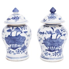 Pair of Chinese Blue and White Porcelain Lidded Ginger Jars