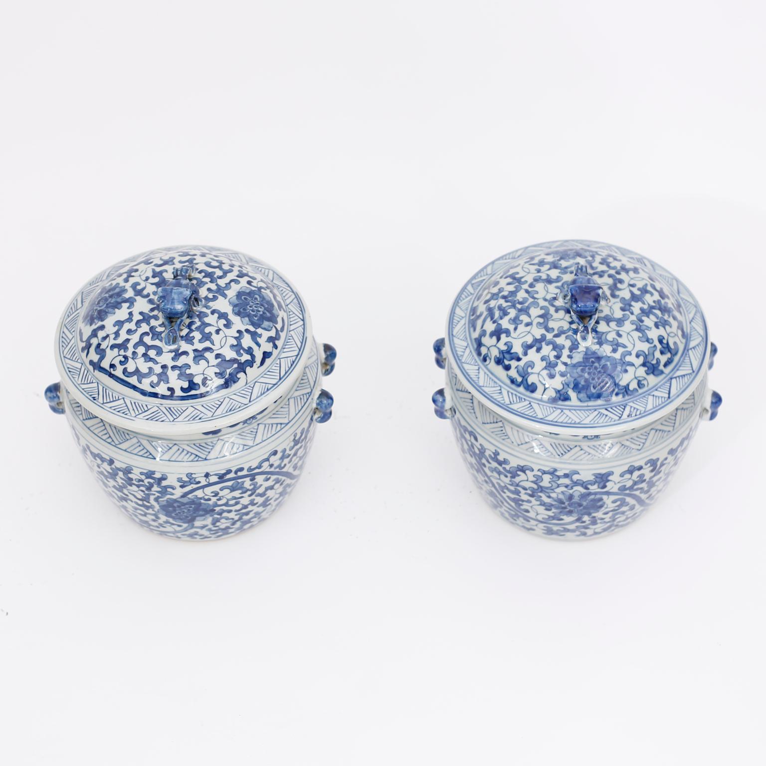 Pair of Chinese blue and white porcelain lidded jars or pots hand decorated, in the Chinese Export manner, with elaborate floral designs and animal handles on the lids.