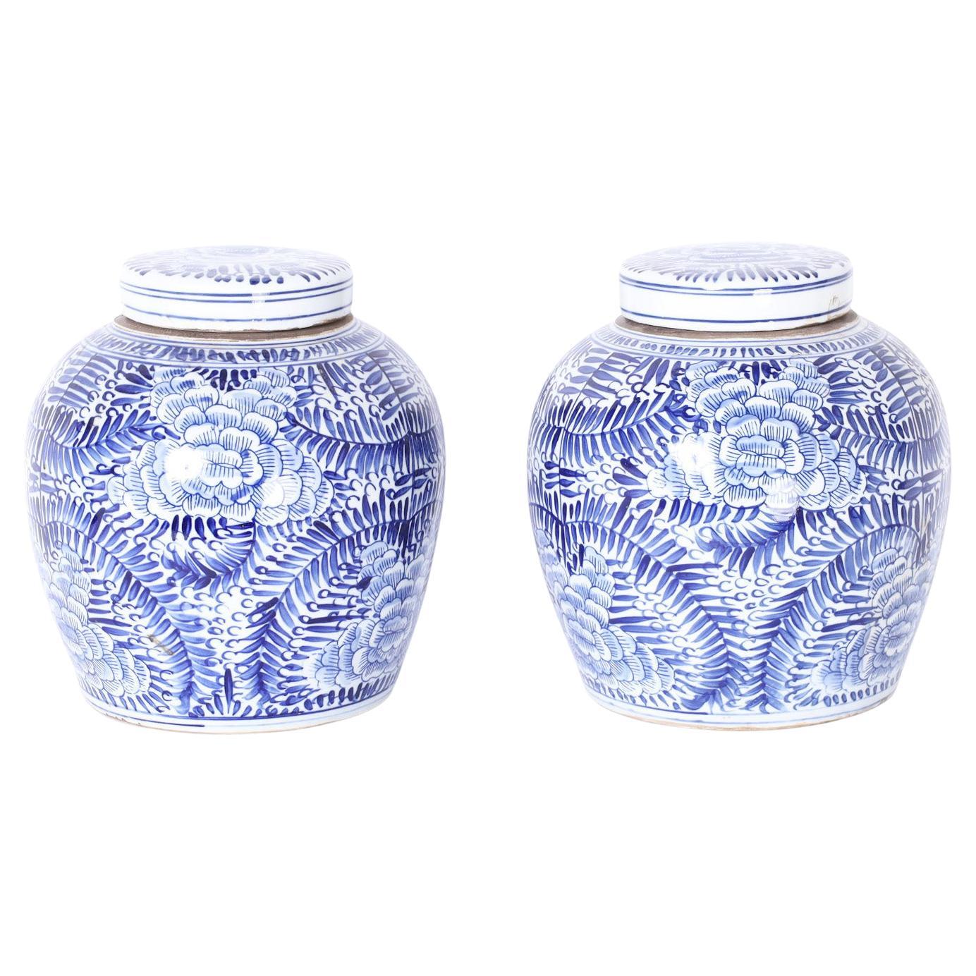 Pair of Chinese Blue and White Jars with Lids at 1stDibs