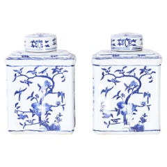 Pair of Chinese Blue and White Porcelain Lidded Tea Caddies
