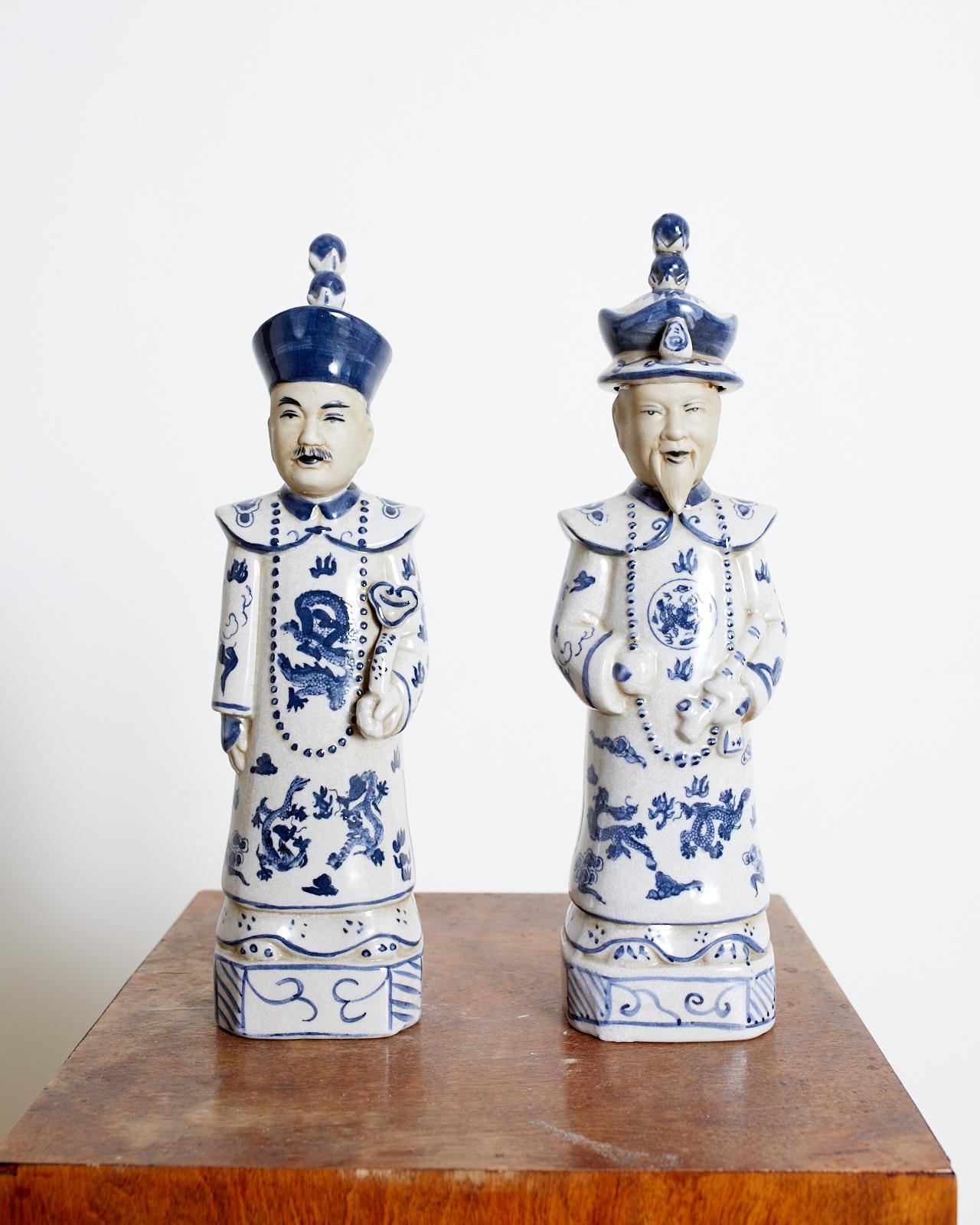 Chinese Export Pair of Chinese Blue and White Porcelain Official Figures