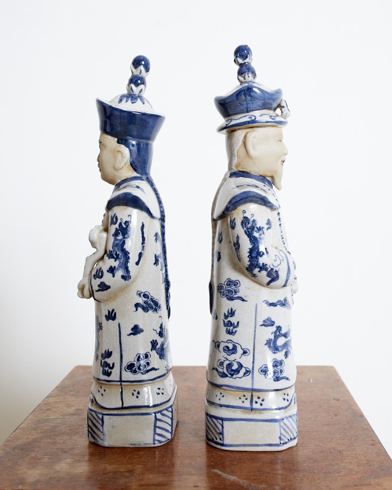 Hand-Crafted Pair of Chinese Blue and White Porcelain Official Figures
