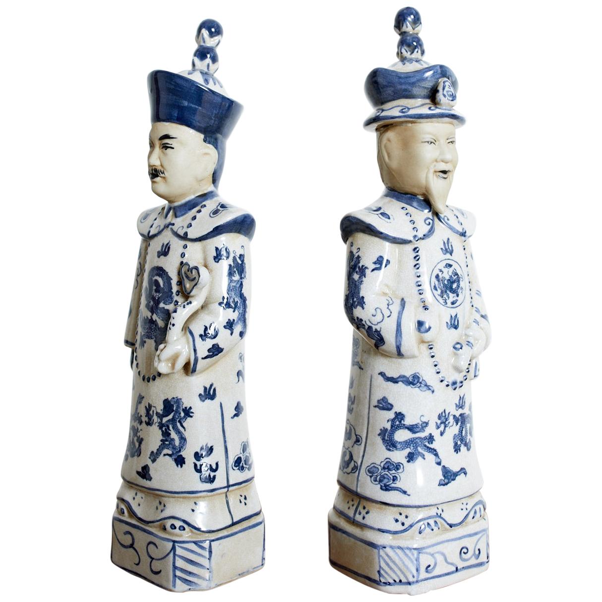 Pair of Chinese Blue and White Porcelain Official Figures