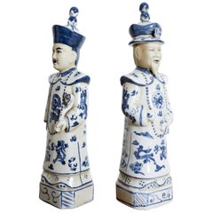 Vintage Pair of Chinese Blue and White Porcelain Official Figures