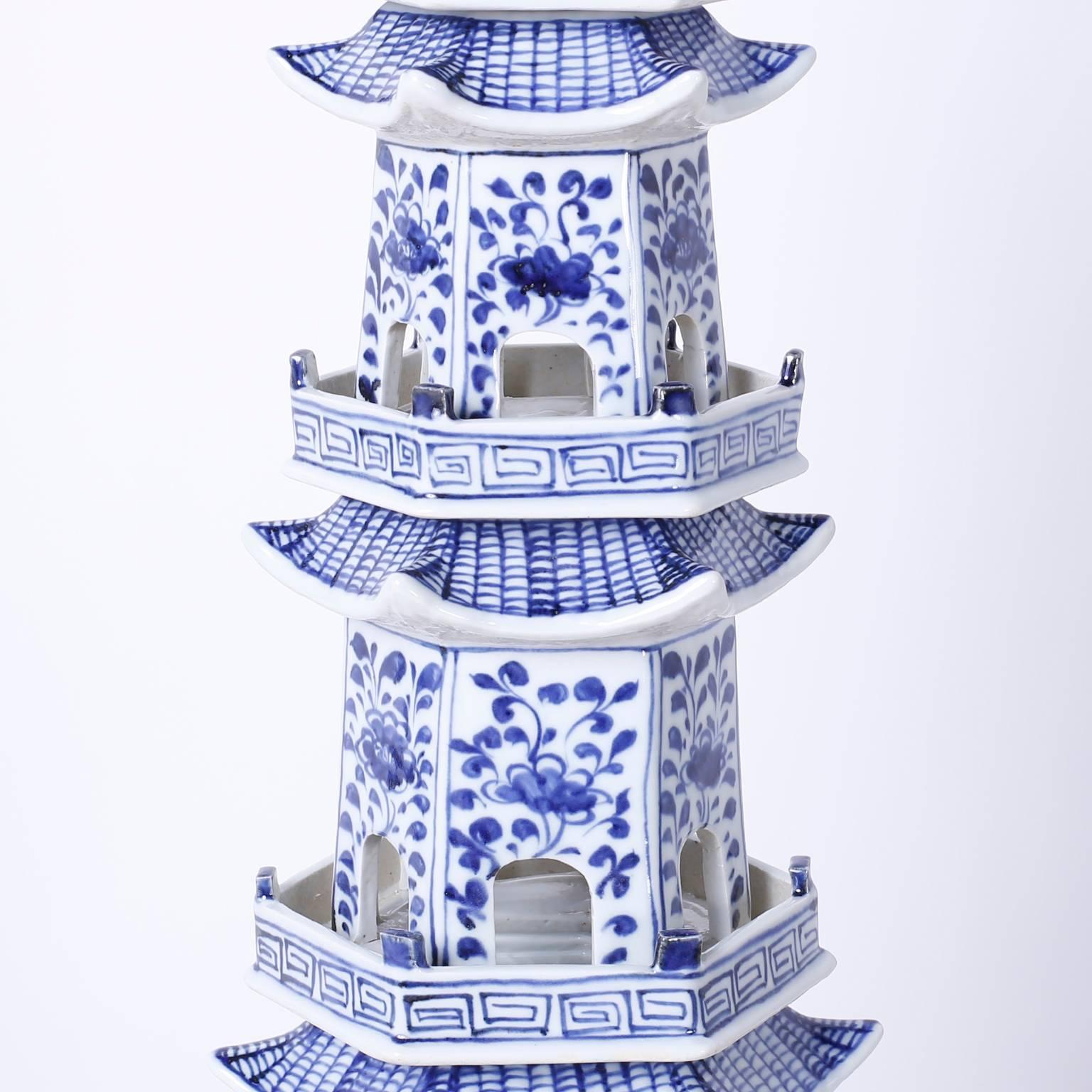 Chinese Export Pair of Chinese Blue and White Porcelain Pagodas