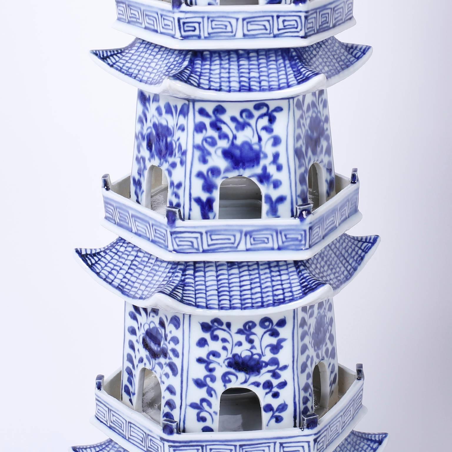 Hand-Painted Pair of Chinese Blue and White Porcelain Pagodas
