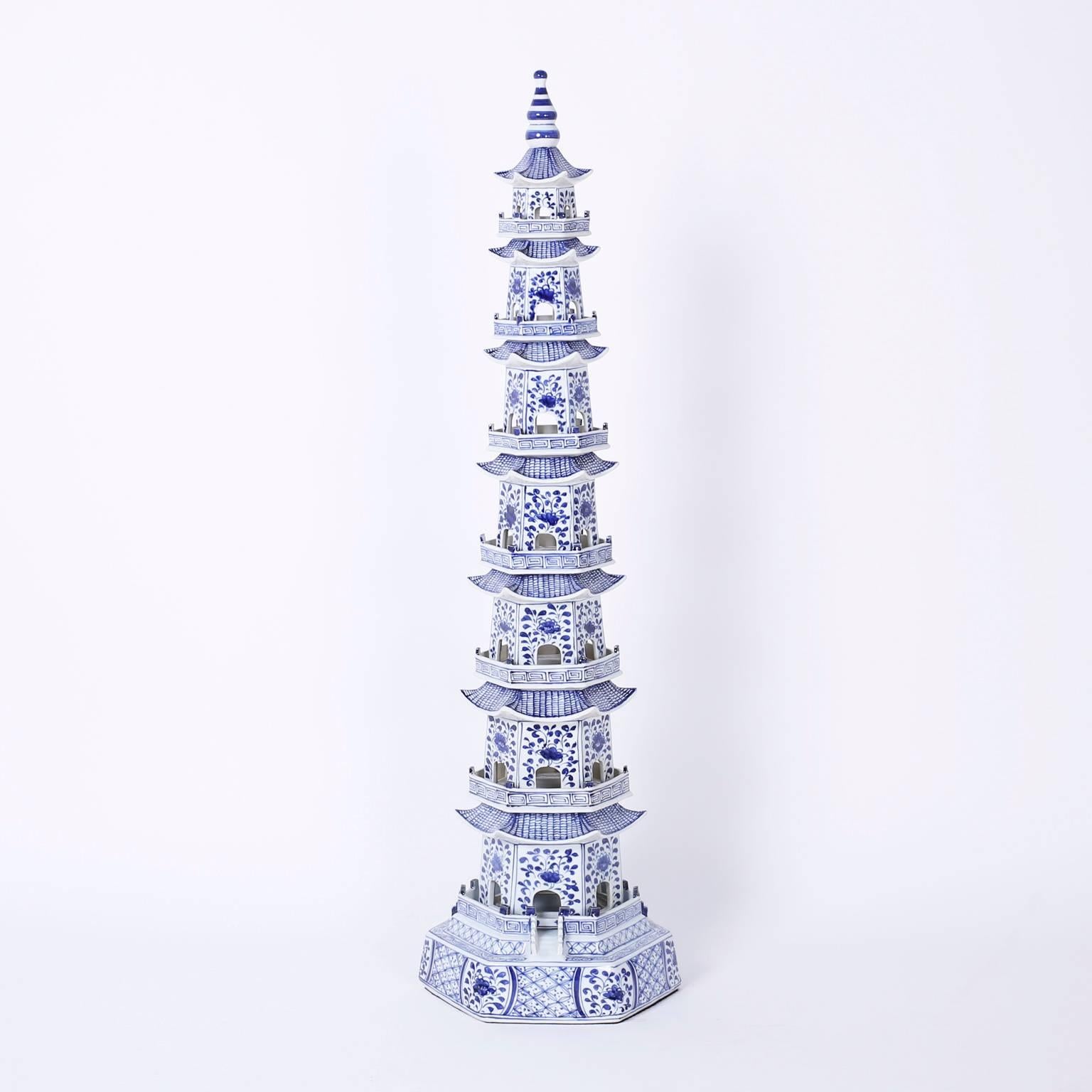 Contemporary Pair of Chinese Blue and White Porcelain Pagodas