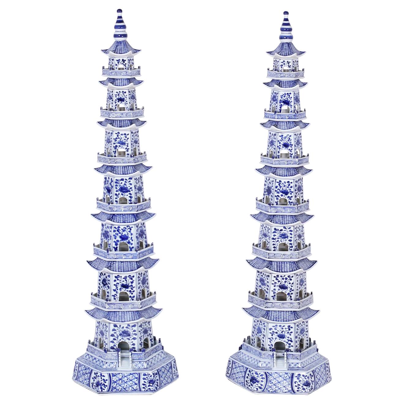 Pair of Chinese Blue and White Porcelain Pagodas