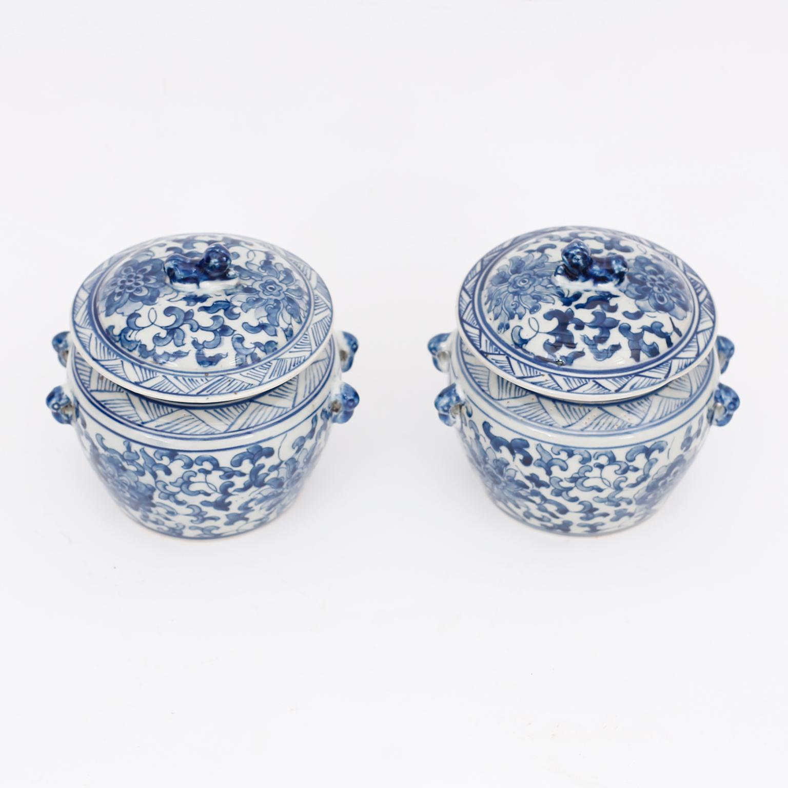 Enchanting pair of Chinese blue and white porcelain lidded pots with dog handles and hand decorated all around with floral designs.