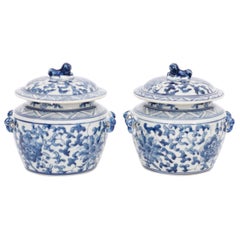 Pair of Chinese Blue and White Porcelain Petit Lidded Pots Pair of Chinese Blue and White Porcelain Petit Lidded Pots