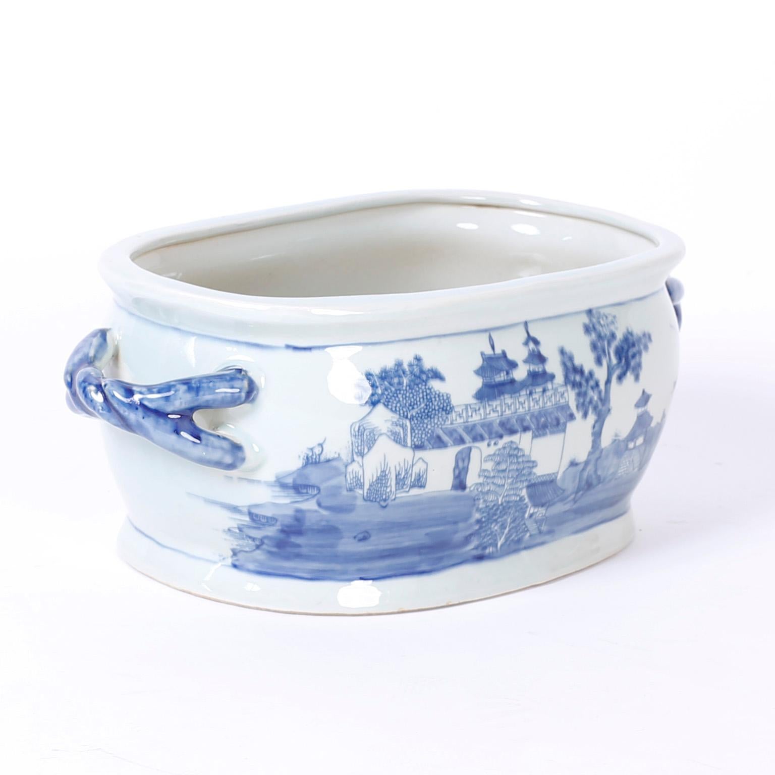 Hand-Painted Pair of Chinese Blue and White Porcelain Planters