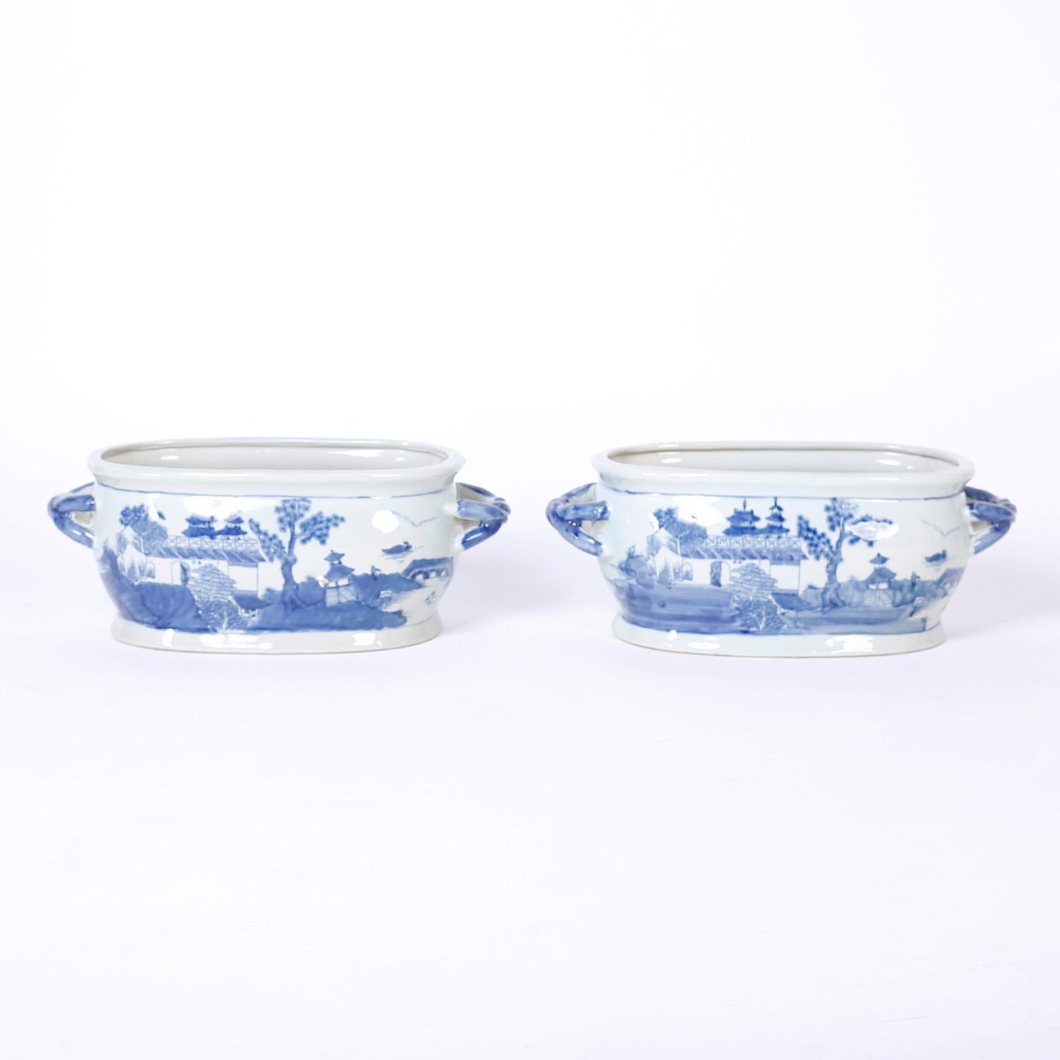 Pair of Chinese Blue and White Porcelain Planters 1