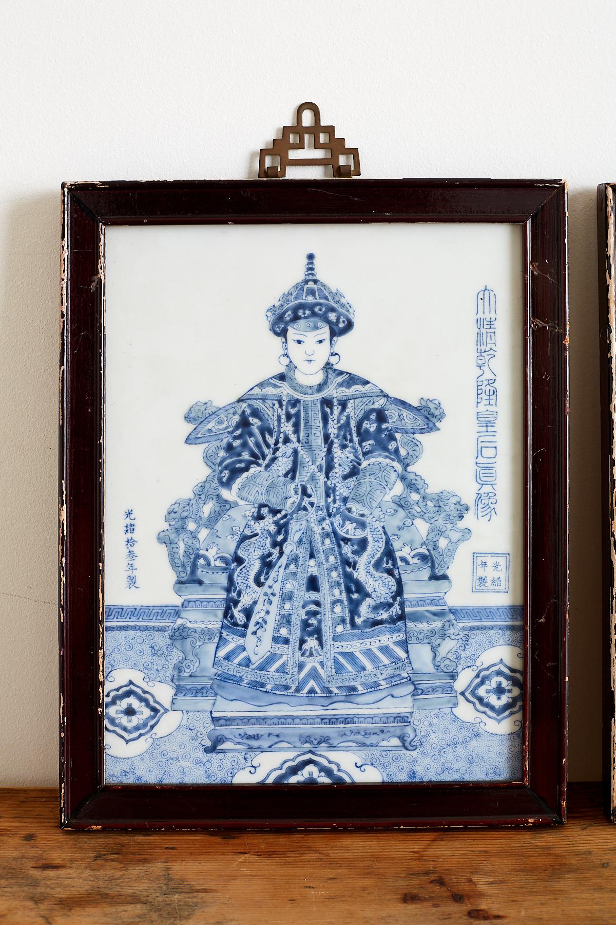 Lacquered Pair of Chinese Blue and White Porcelain Plaques